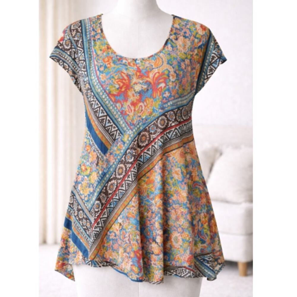 Johnny Was 100% Silk Boho Tunic Multicolor Floral Patchwork Large